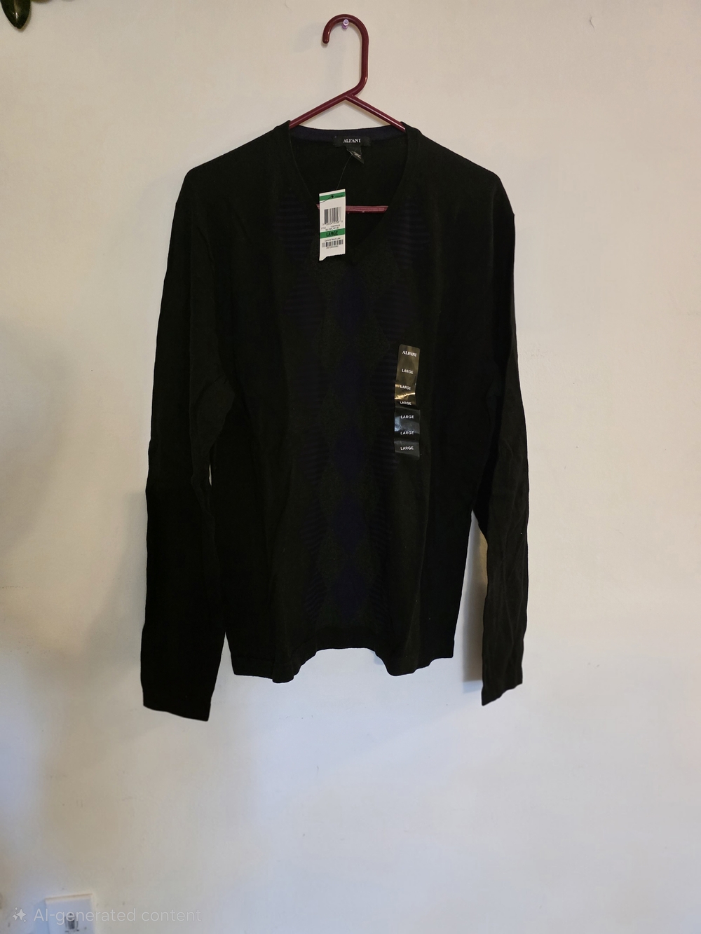 NWT Alfani Men's Black & Purple Argyle V-Neck Sweater - Size L